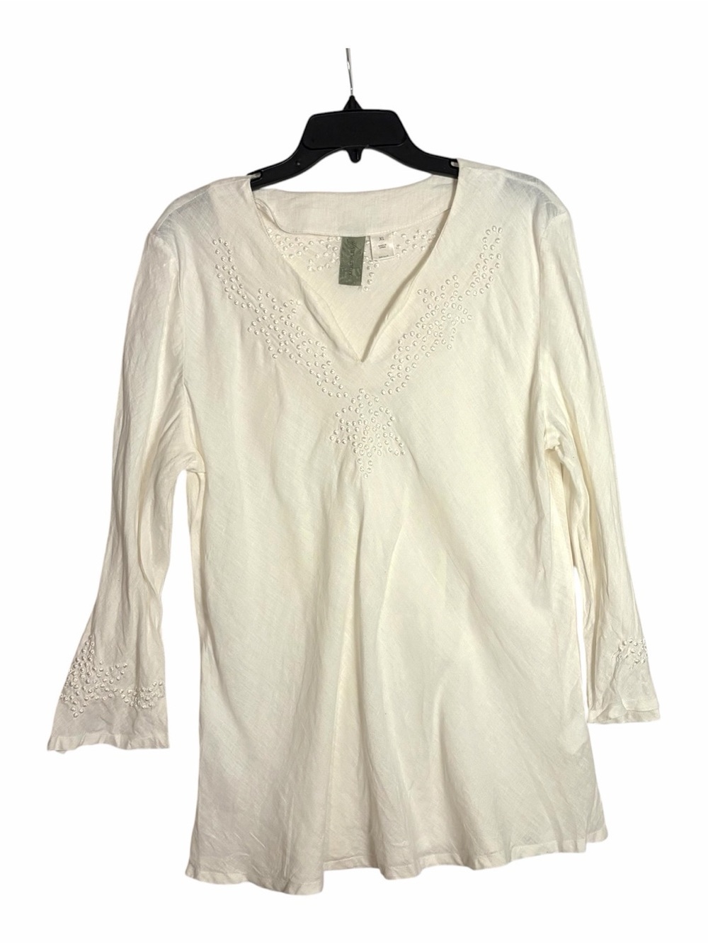 Linen Tunic Womens XL White Biased Cut Top Multiple Soft Embroidered Knots